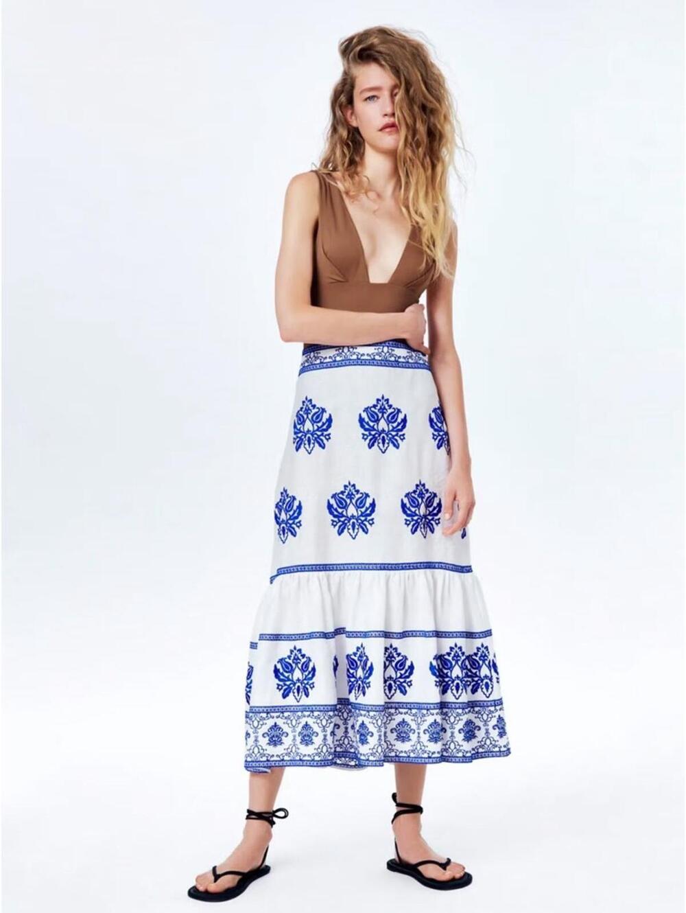Zara Embroidered Linen Midi Skirt - XS
